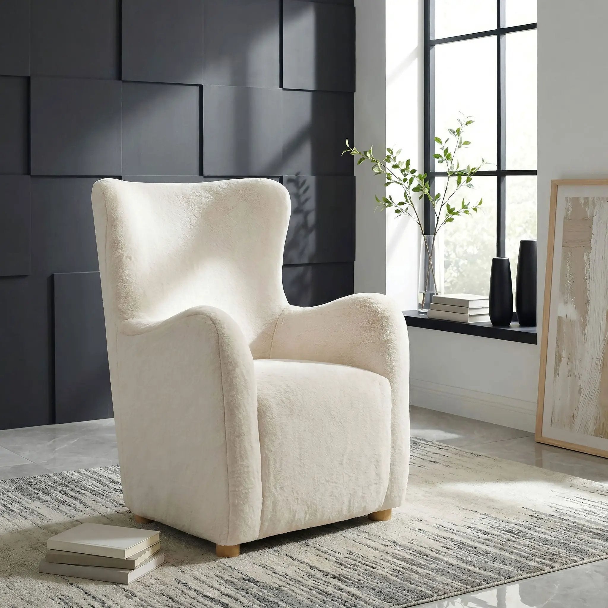 Thornton Faux Fur Upholstered Wingback Lounge Accent Chair Ivory by Unique Piece Furniture