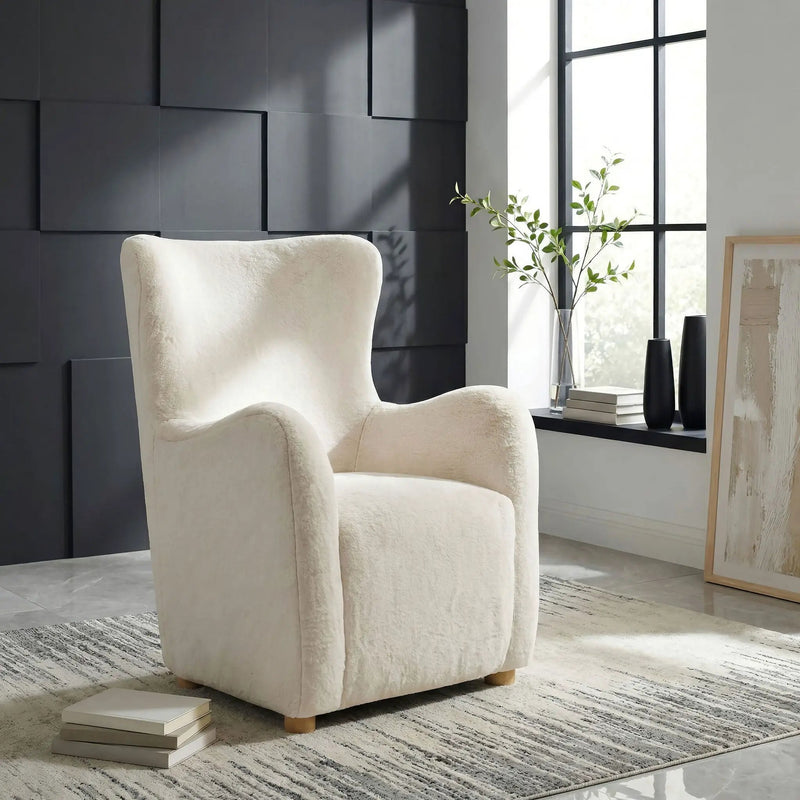 Thornton Faux Fur Upholstered Wingback Lounge Accent Chair Ivory by Unique Piece Furniture