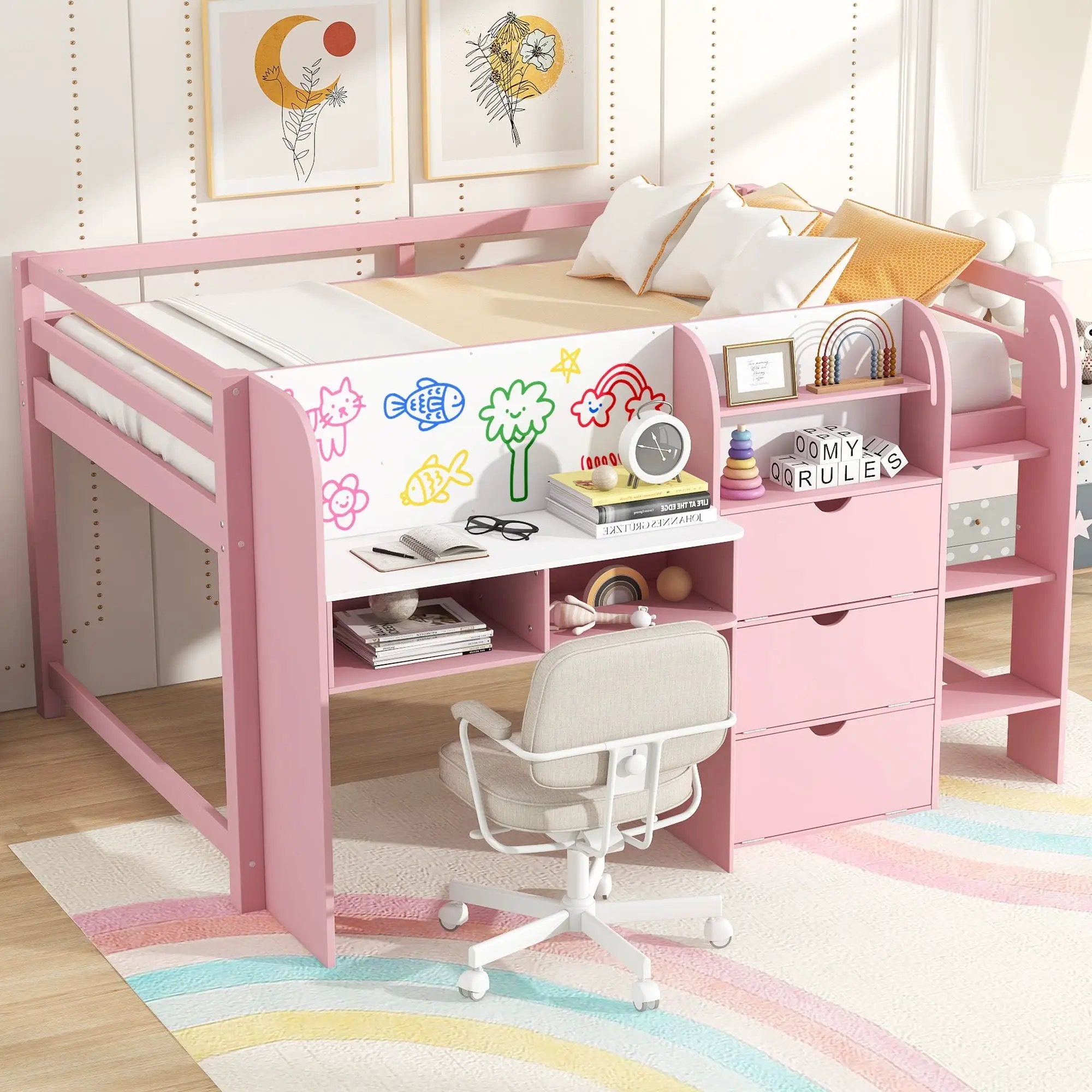 Low Loft Bed With Built In Desk, Storage Cabinets, Open Bookcase And Doodle board by Unique Piece Furniture