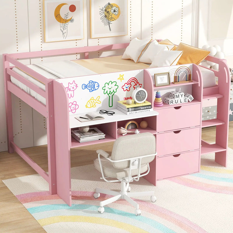 Low Loft Bed With Built In Desk, Storage Cabinets, Open Bookcase And Doodle board by HouseOfZazla