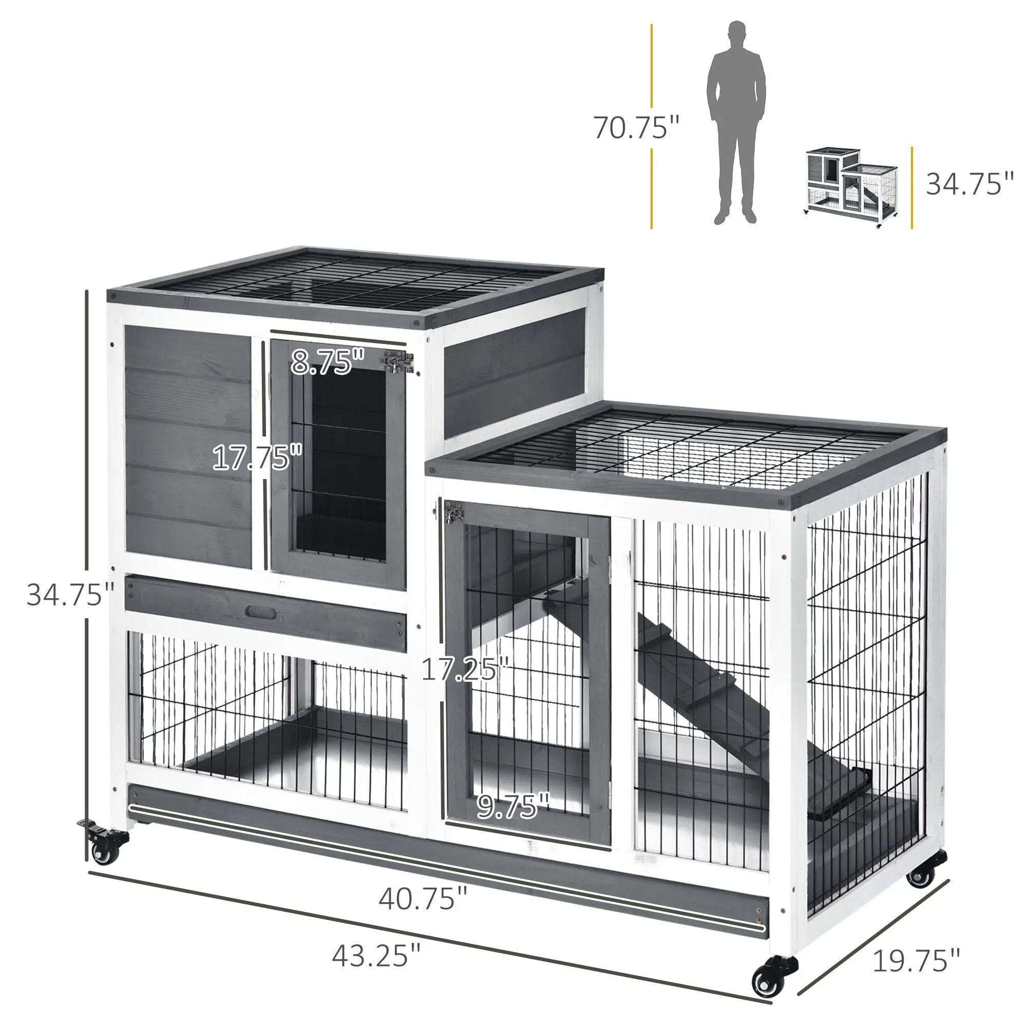 Pawhut - Wooden Rabbit Hutch Elevated Bunny Cage Indoor Small Animal Habitat With Enclosed Run With Wheels, Ramp, Removable Tray Ideal For Guinea Pigs - Gray by HouseOfZazla