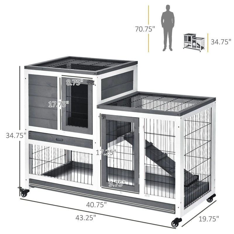 Pawhut - Wooden Rabbit Hutch Elevated Bunny Cage Indoor Small Animal Habitat With Enclosed Run With Wheels, Ramp, Removable Tray Ideal For Guinea Pigs - Gray by HouseOfZazla