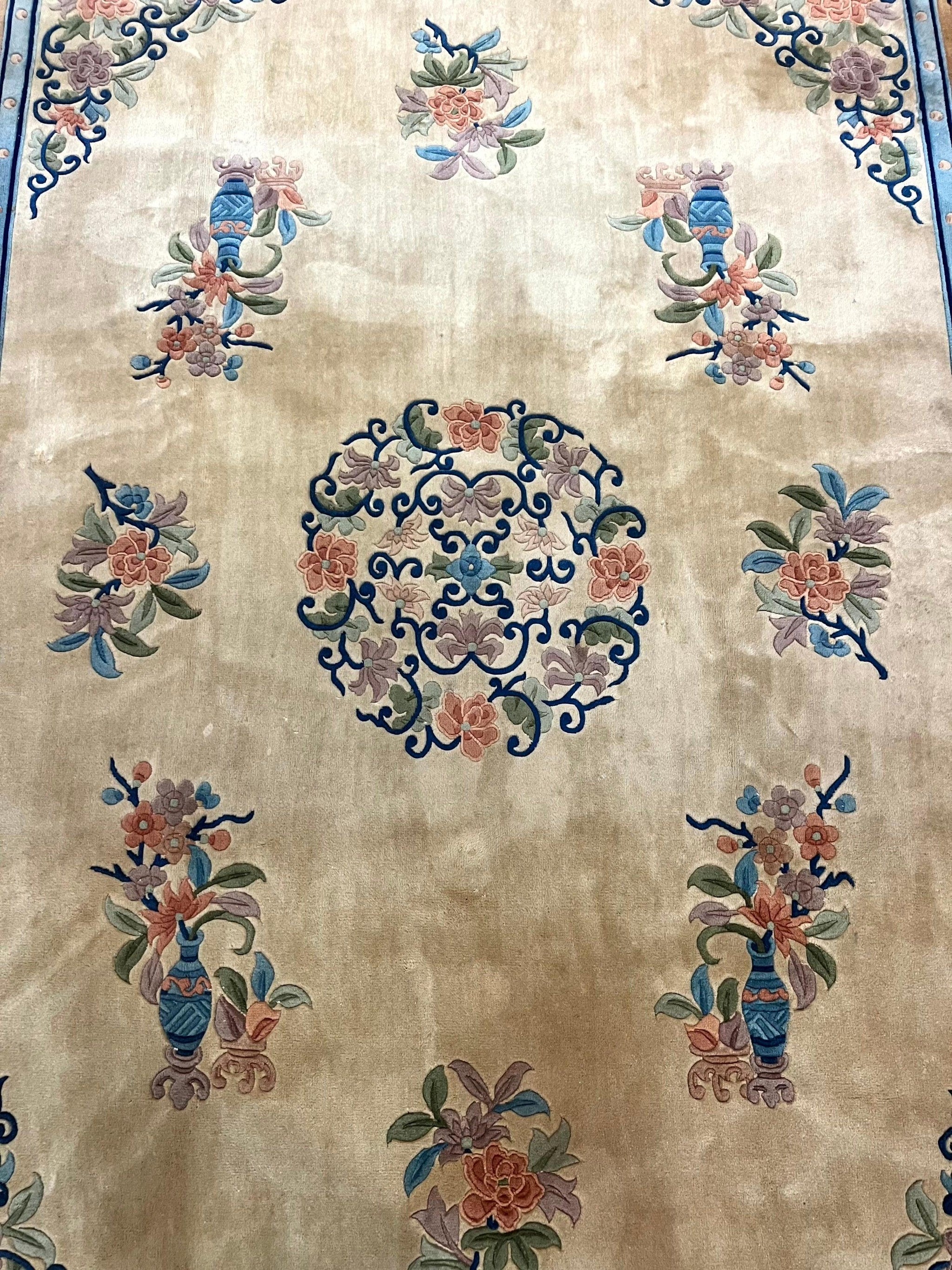 Chinese Wool Rug 8x11, Peking Asian Oriental Carpet, Cream/Ivory and Blue, Vintage Handmade Rug, Art Deco Rug by Jewel Rugs
