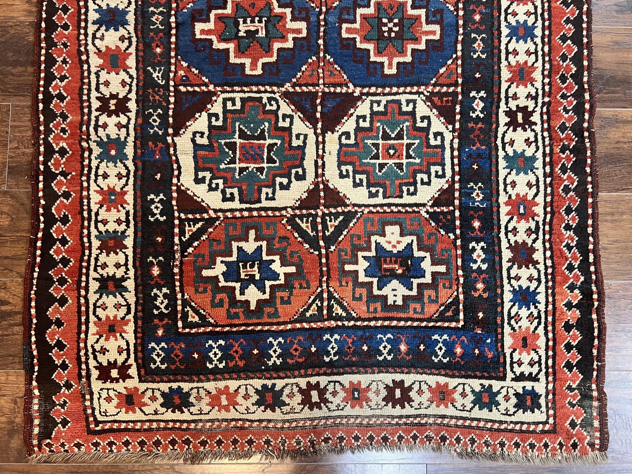 Antique Caucasian Kazak Runner Rug 4 x 9.5, Handmade Wool Rug for Hallway, Rare Colorful Panel Design Mid 19th Century 1870s Oriental Carpet by Jewel Rugs