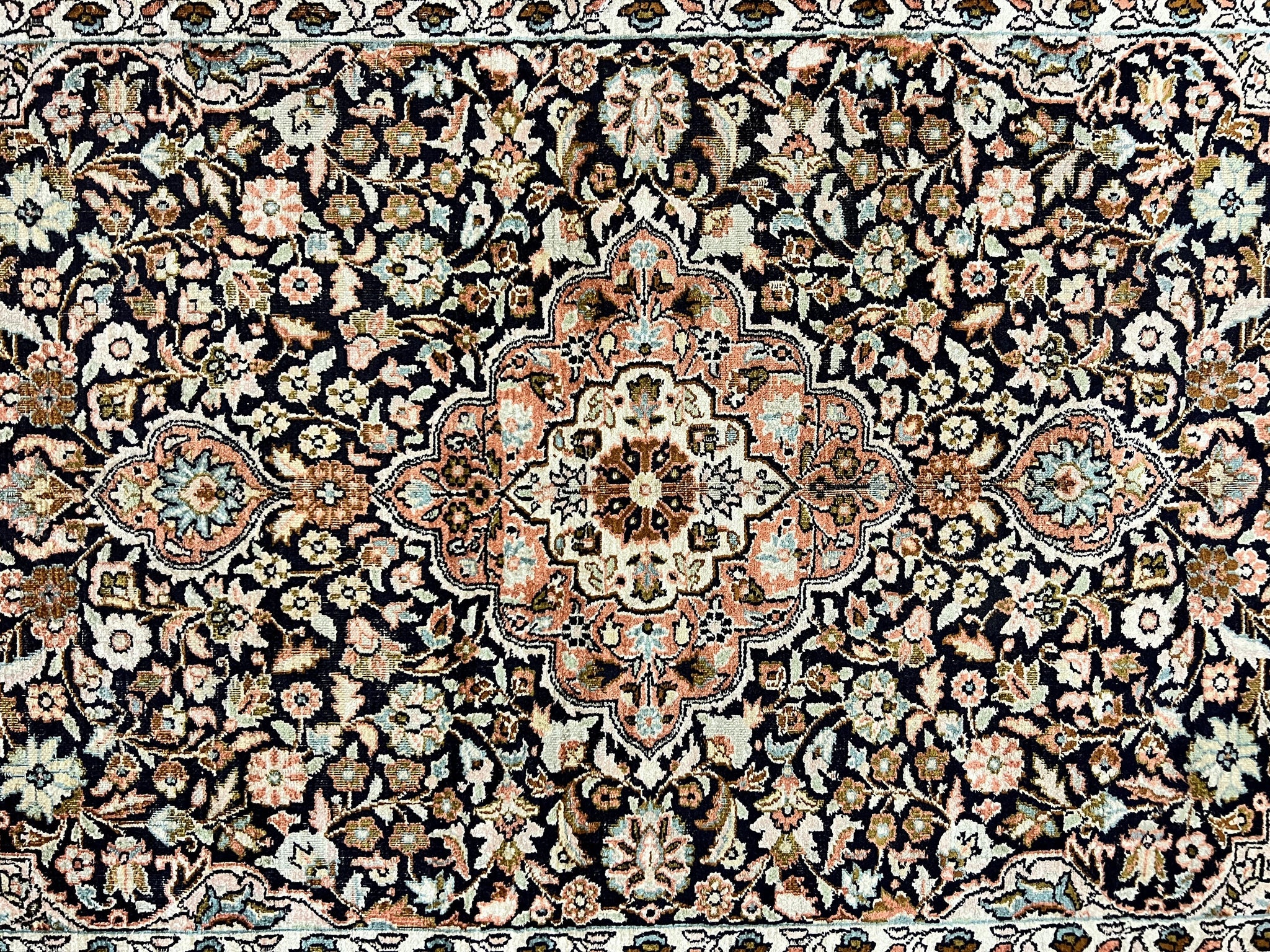 Silk Indian Kashmiri Rug 3x5, Indo Persian Silk on Silk Carpet, Very Fine 350 KPSI, Navy Blue, Handmade, Floral Medallion by Jewel Rugs