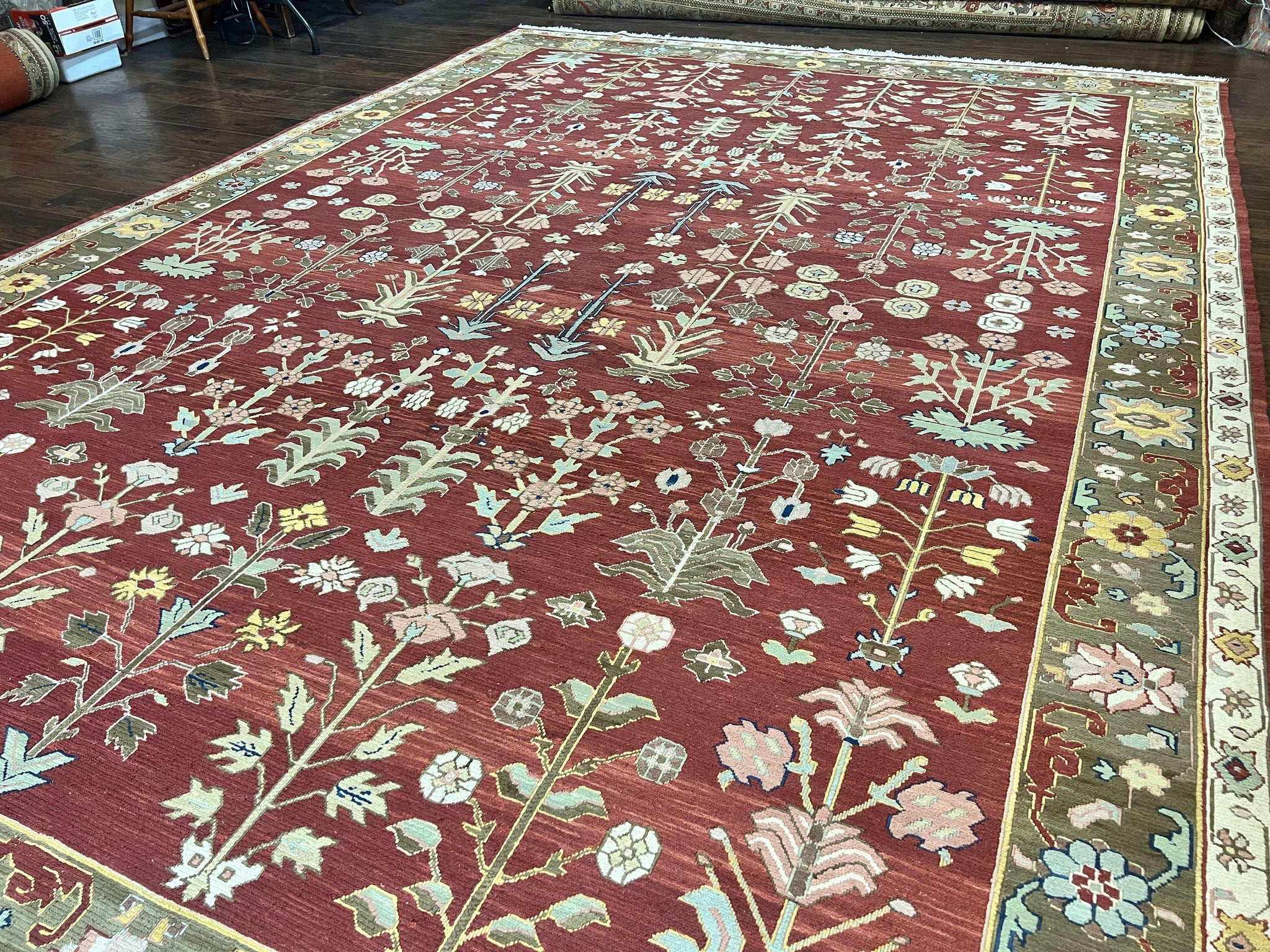 Indian Rug 10x14, Wool Hand Knotted Flatweave Carpet, Tree of Life, Red and Green by Jewel Rugs