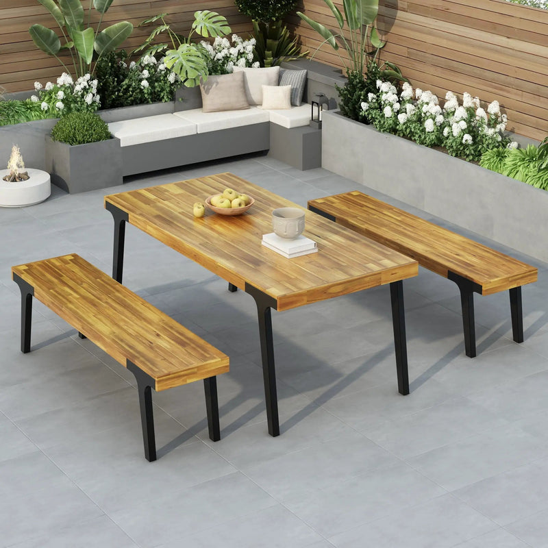 1 Dining Table & 2 Dining Benches - Light Teak by HouseOfZazla
