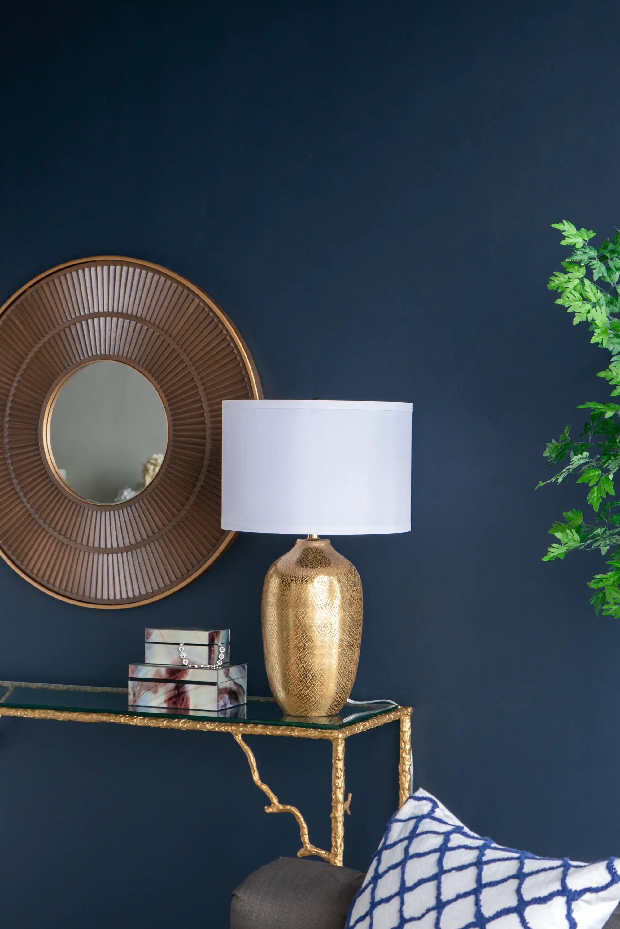D15x25.7' Round Aluminum Sheet Gold Table Lamp with White Fabric Shade by HouseOfZazla