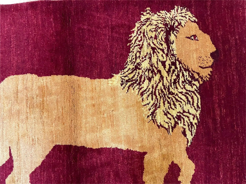 3.5 X 5 Handmade Rug Vintage New Rug Quality Wool Lion Red Veggy Dyes Pictorial by Jewel Rugs