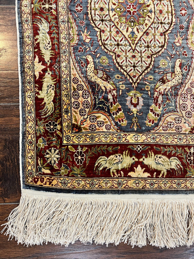 Silk Turkish Hereke Rug 2x3, Peacocks Birds, Signature from Master Weaver, Super Finely Hand Knotted 550 KPSI, Animal Pictorials by Jewel Rugs