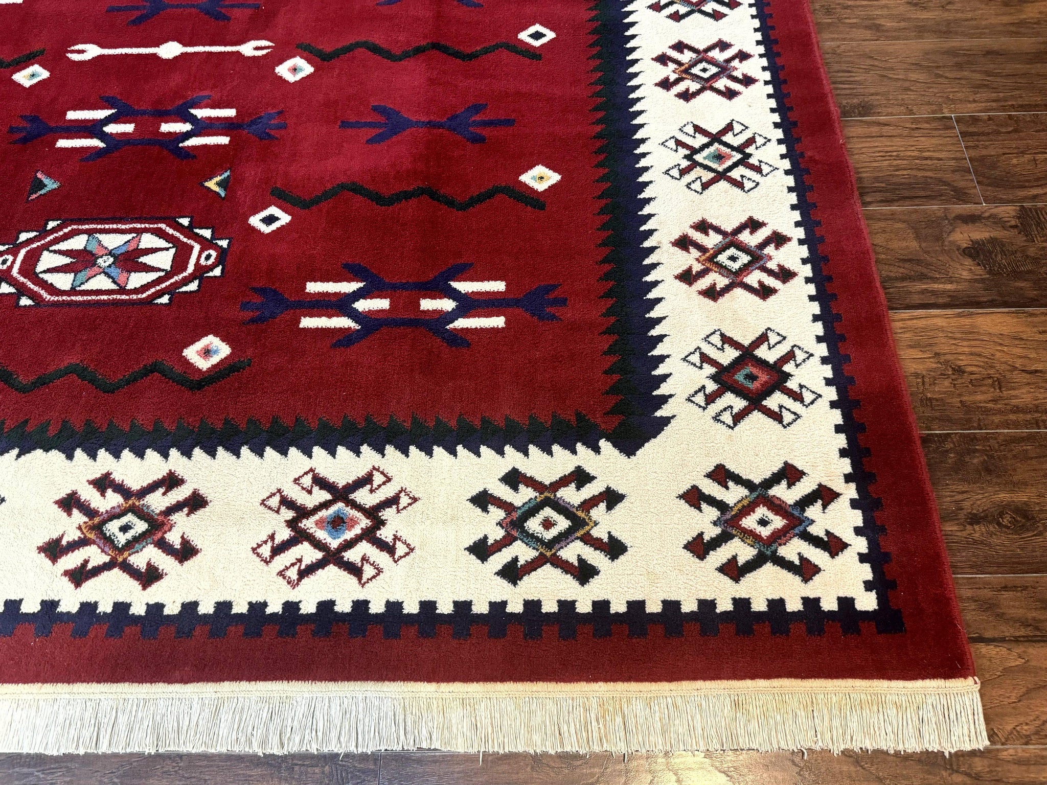 Belgium Power Loomed Rug 8x11, Navajo Native American Design, Dark Red and Ivory, Tribal Rug, Bohemian Carpet by Jewel Rugs