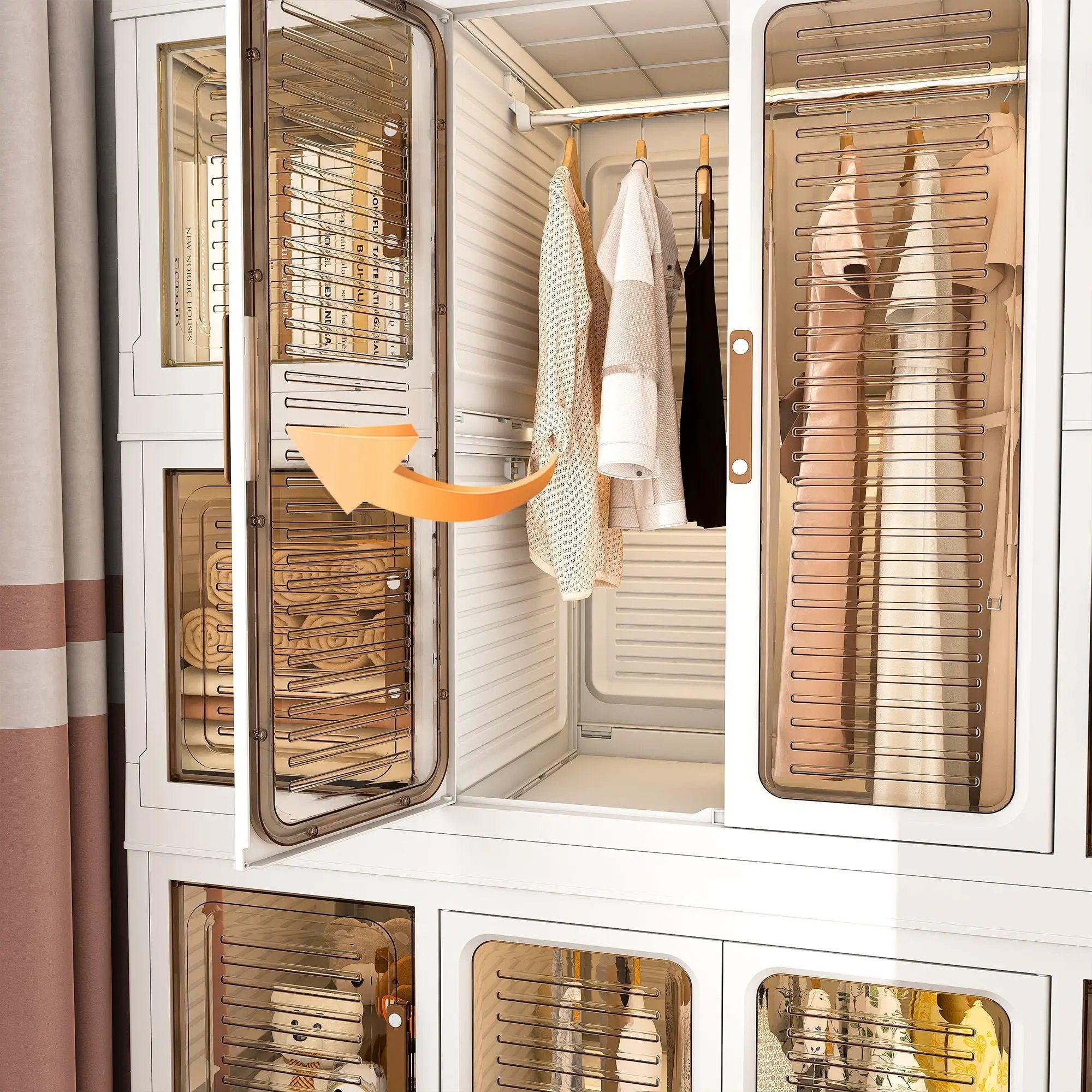 Portable Wardrobe Closet Storage Organizer For Clothes With Magnetic Doors, 12 Cubes & 2 Hanging Rods - White by HouseOfZazla