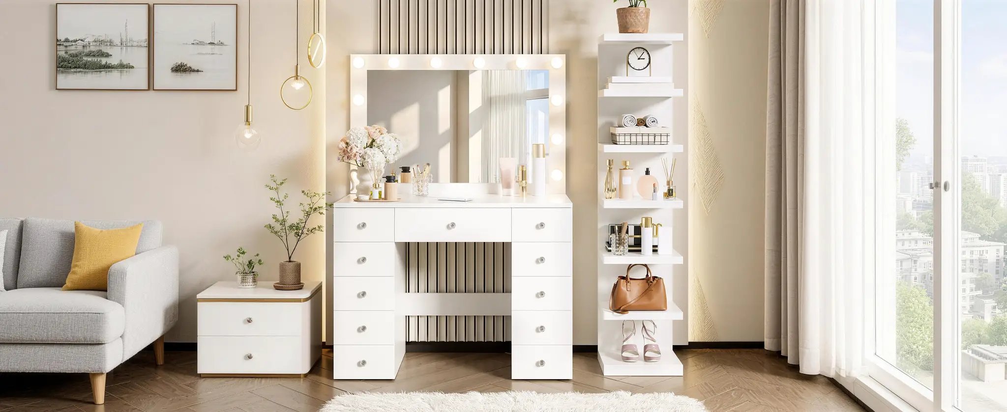 Vanity Desk with 11 Hollywood Bulbs & 7-Tier Storage Shelves by HouseOfZazla