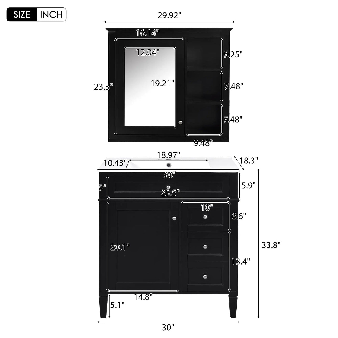 Bathroom Vanity With Top Sink, 2 Doors And 3 Drawers, Freestanding Set With Mirror Cabinet by Unique Piece Furniture
