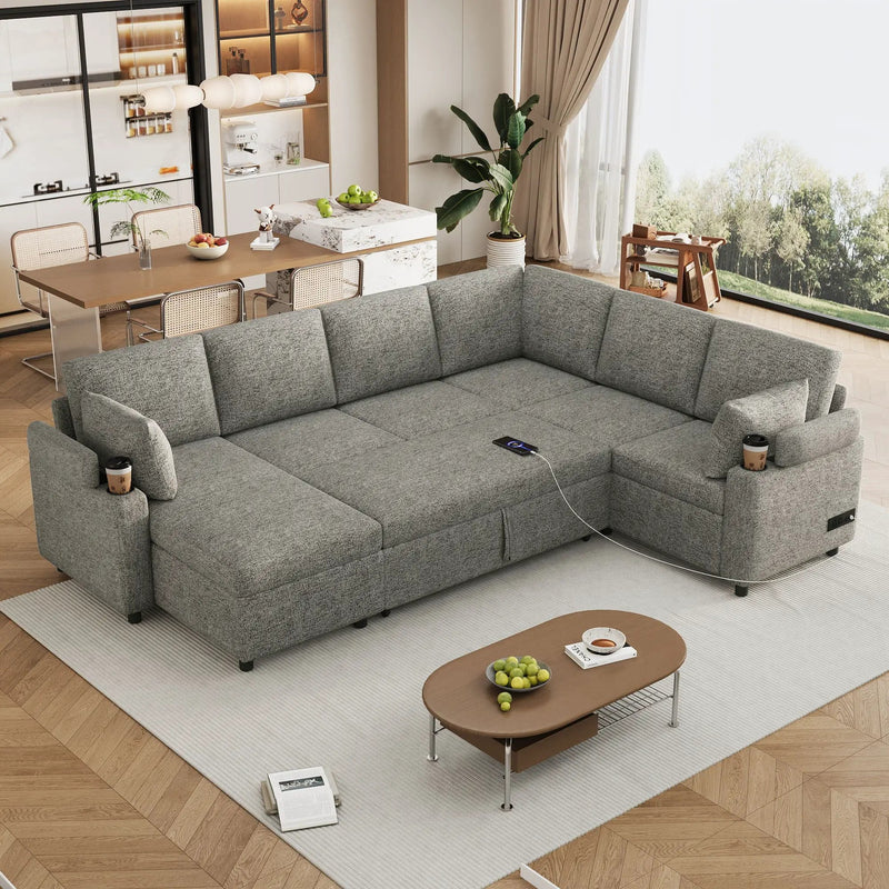 U-Shaped Sectional Sleeper Sofa With Ample Storage Space, 2 Cup Holders And Charging Ports For Living Room by Unique Piece Furniture