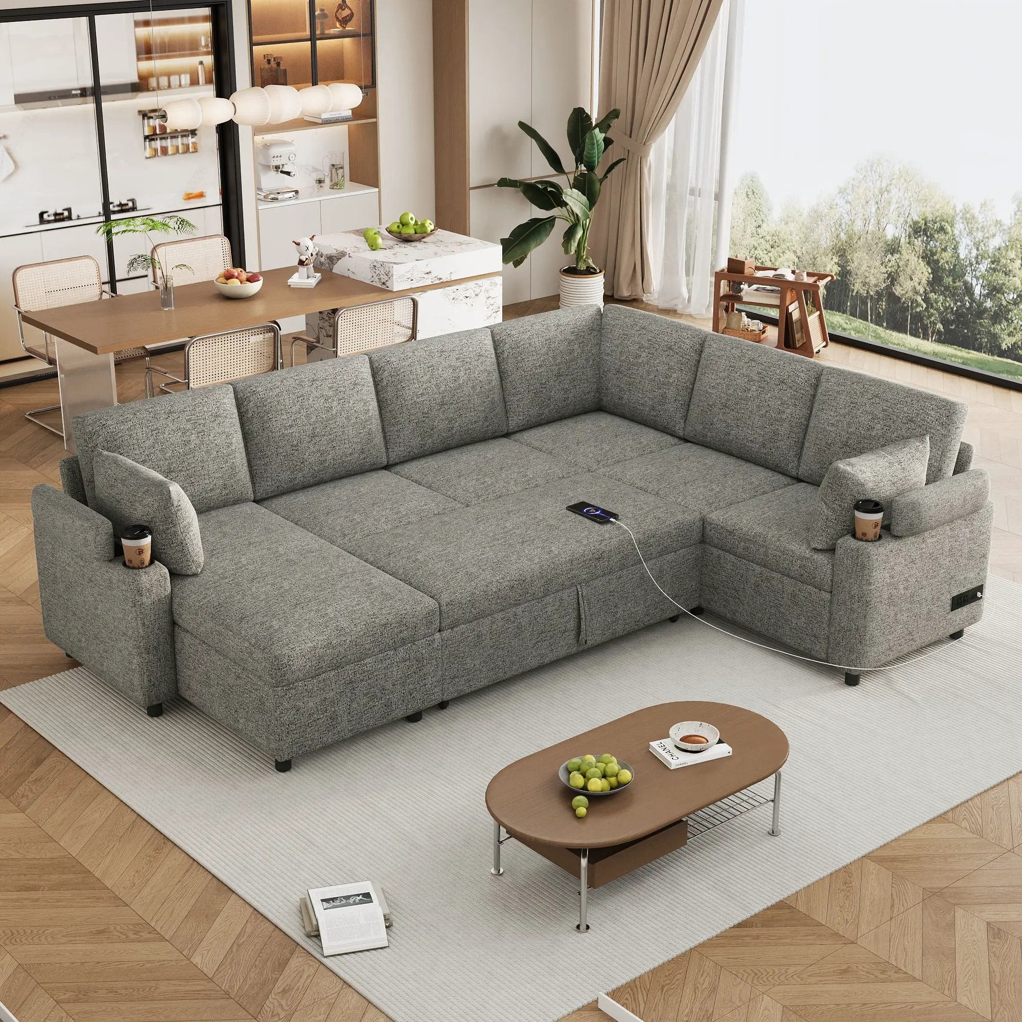 U-Shaped Sectional Sleeper Sofa With Ample Storage Space, 2 Cup Holders And Charging Ports For Living Room by HouseOfZazla