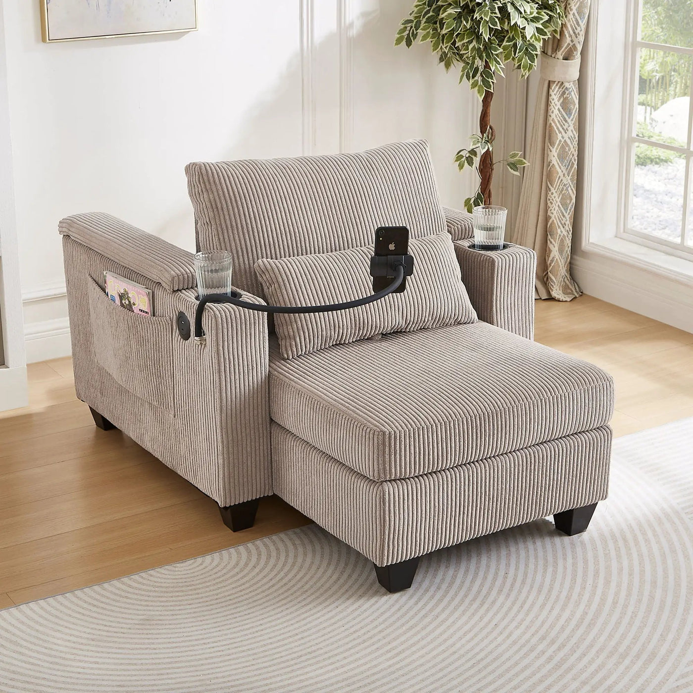 Convertible Chaise Lounge Sofa Chair With USB Ports, Cup Holders, Phone Holder And Storage by HouseOfZazla
