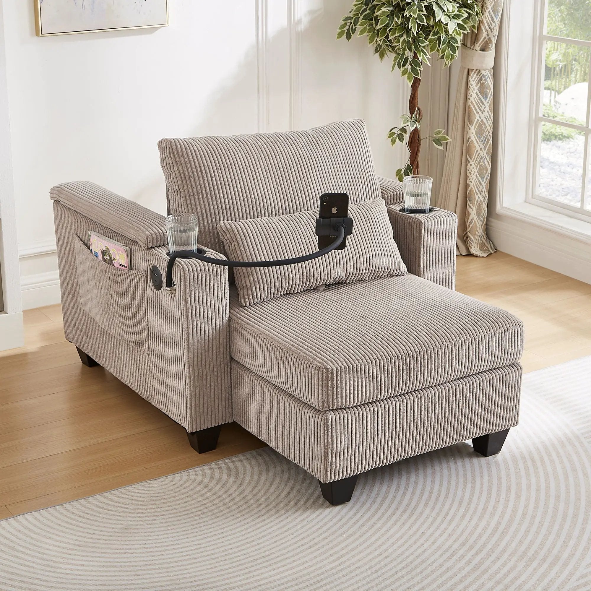 Convertible Chaise Lounge Sofa Chair With USB Ports, Cup Holders, Phone Holder And Storage by Unique Piece Furniture