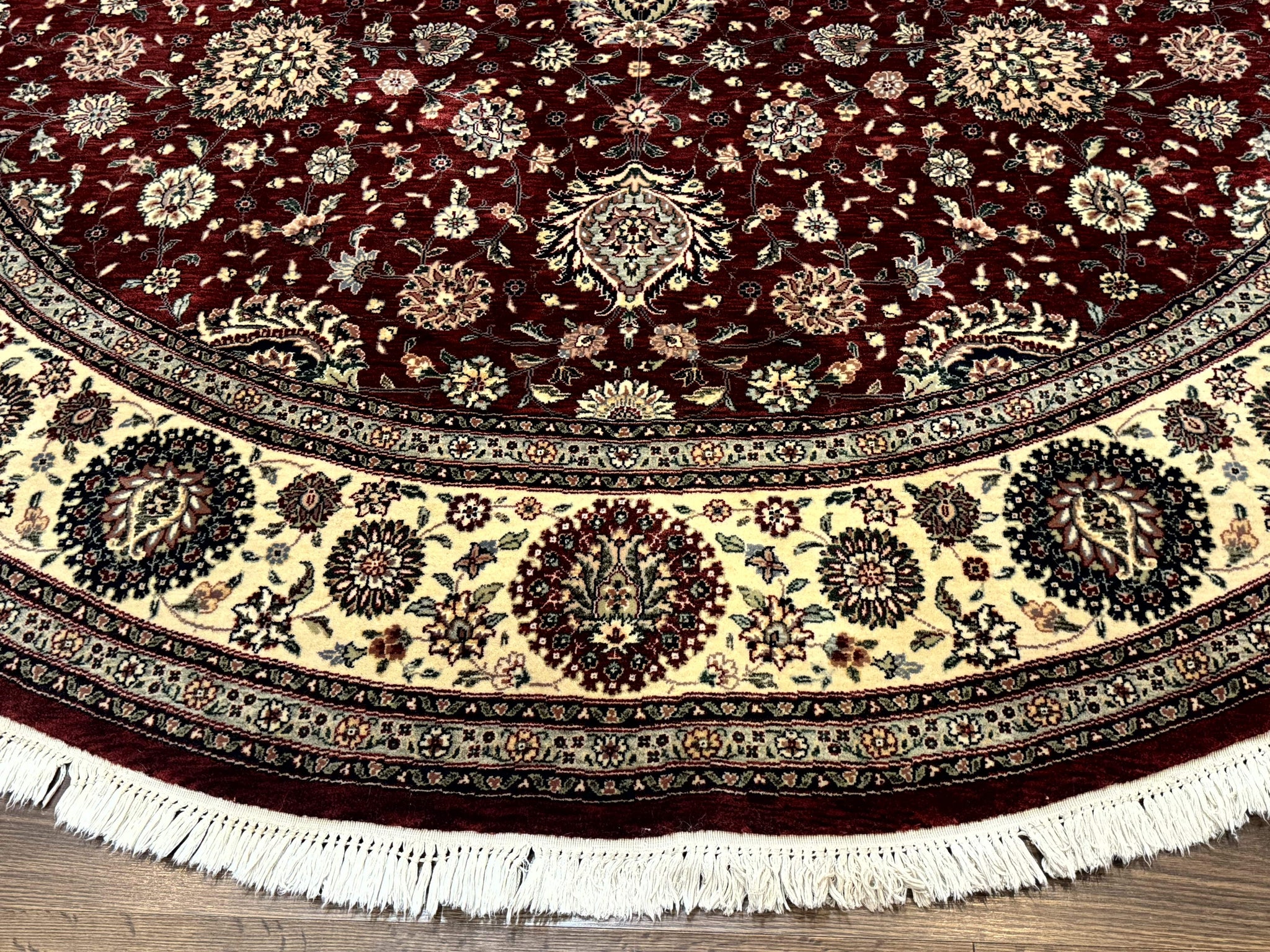 Round Sino Persian Rug 9x9, Burgundy and Cream, Floral, Wool and Silk, 9ft Round Carpet by Jewel Rugs
