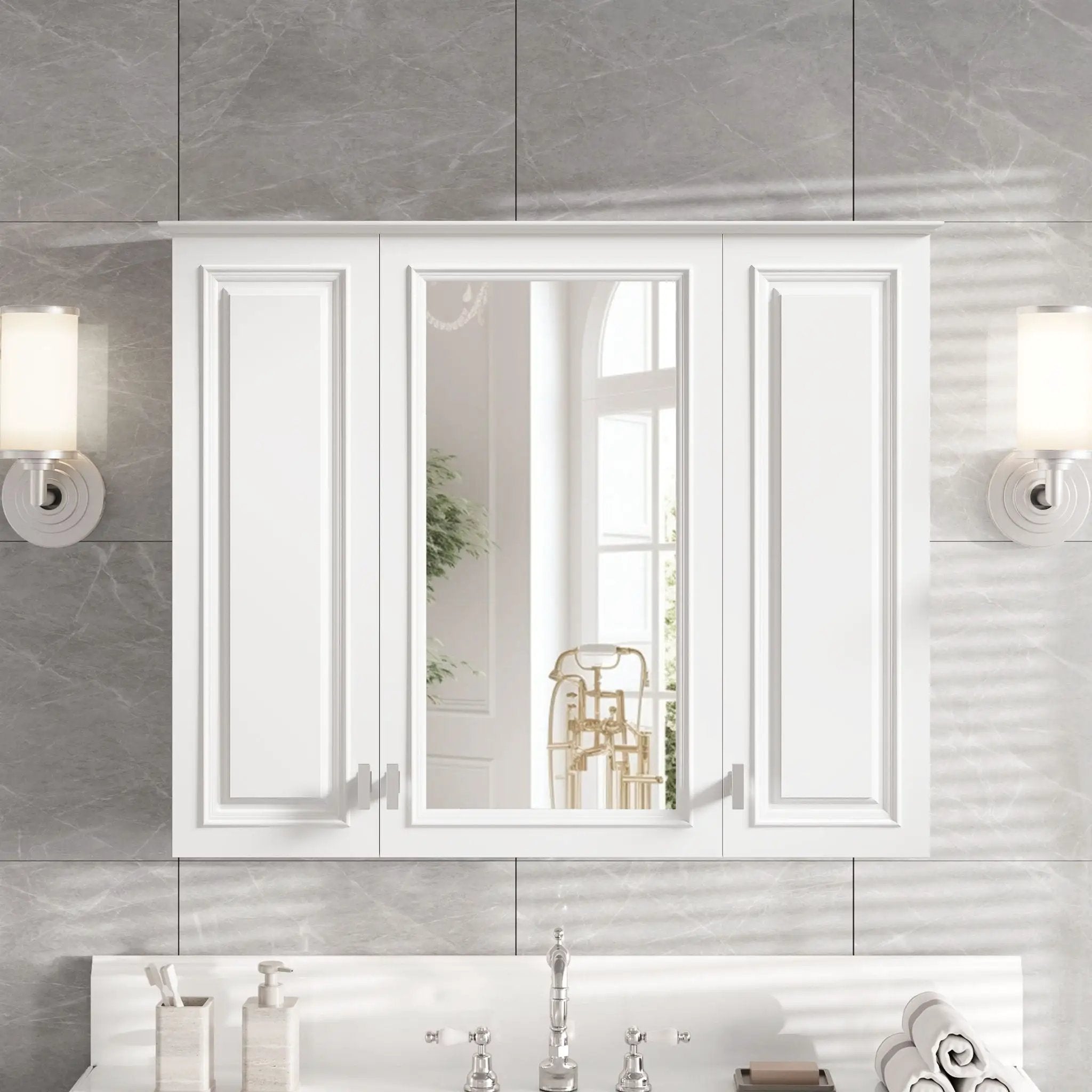 Wall Mounted Mirror Cabinet With 5 Adjustable Shelves, Rectangular Storage For Bathroom - White by Unique Piece Furniture