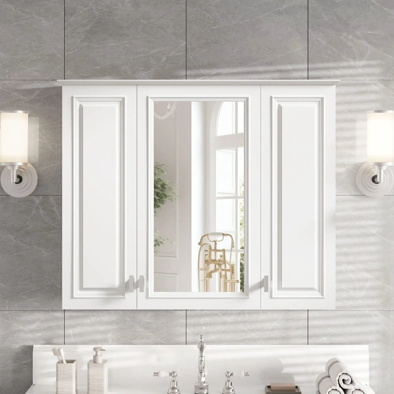 Wall Mounted Mirror Cabinet With 5 Adjustable Shelves, Rectangular Storage For Bathroom - White by Unique Piece Furniture