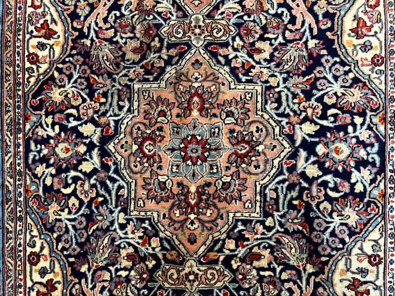 Persian Qum Rug 5x7 in Navy Light Blue and Ivory, Wool wilh Silk Highlights, 225 KPSI by Jewel Rugs