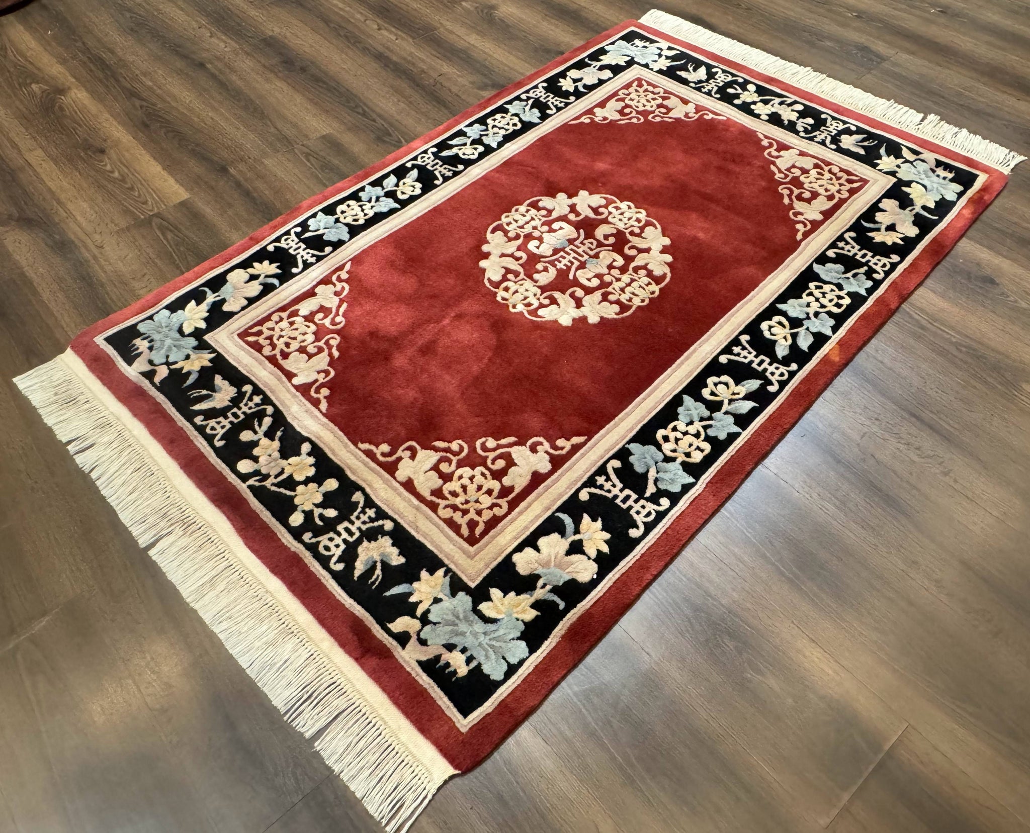 Dark Red Chinese Wool Rug 4x6, Chinese 90 Line Rug, Carving Rug, Handmade, Pair B by Jewel Rugs