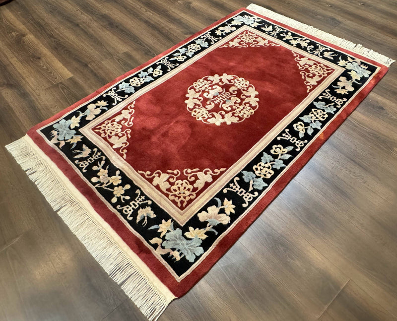 Dark Red Chinese Wool Rug 4x6, Chinese 90 Line Rug, Carving Rug, Handmade, Pair B by Jewel Rugs