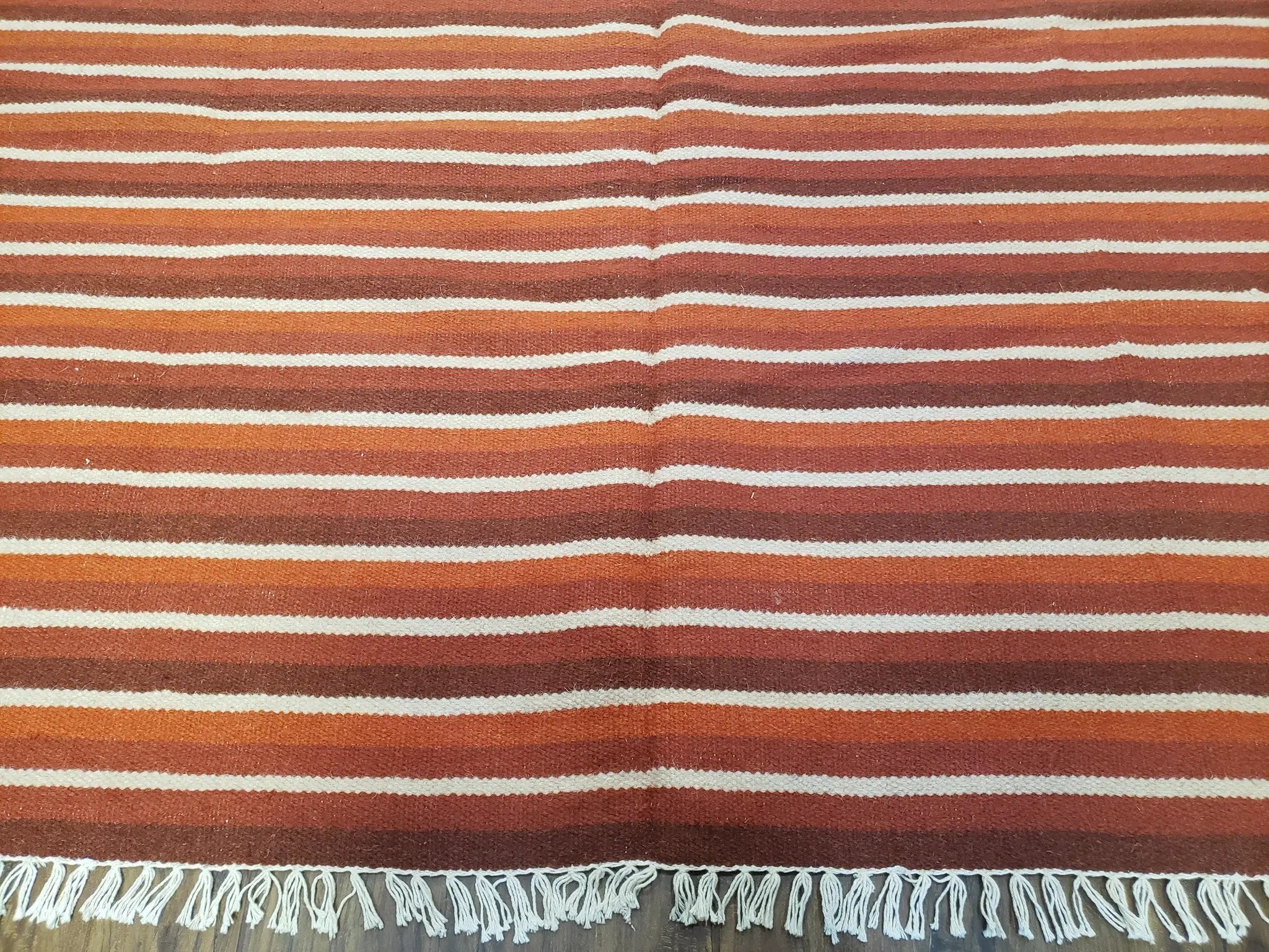 Large Striped Woolen Handmade Throw Blanket, Twin Size Bedding Hand-Woven, Indian Kilim Area Rug, 6x8 - 7x8, South American Style Textile by Jewel Rugs