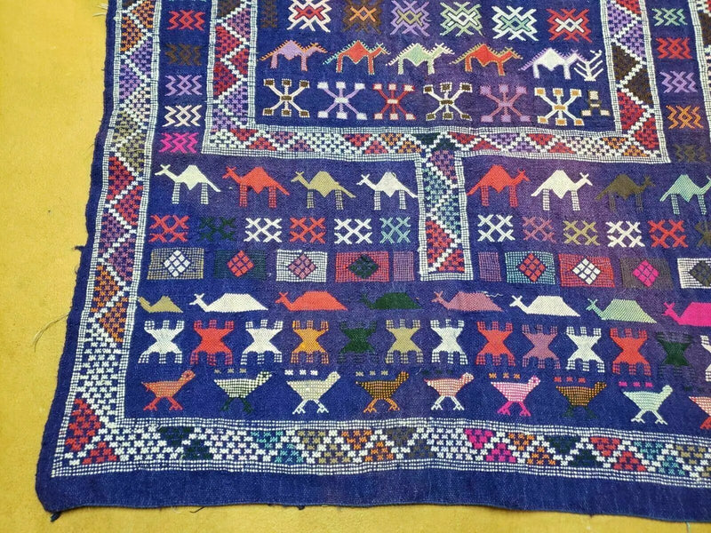 3' X 7' Vintage Handmade Indian Wool Kilim Flat weave Rug Camel Birds Blue Geometric Short Runner by Jewel Rugs