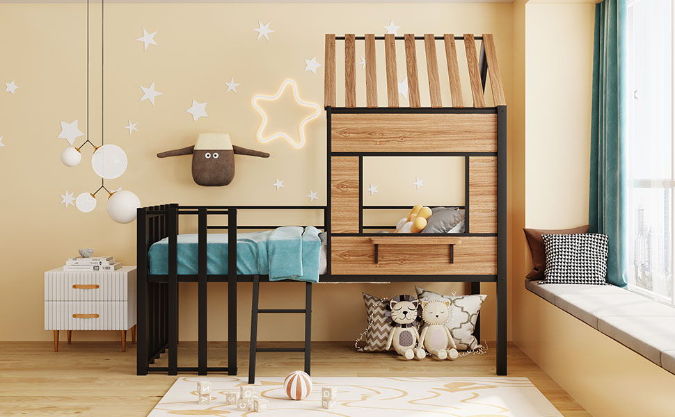 Loft Bed With Roof, Window, Guardrail, Ladder by HouseOfZazla