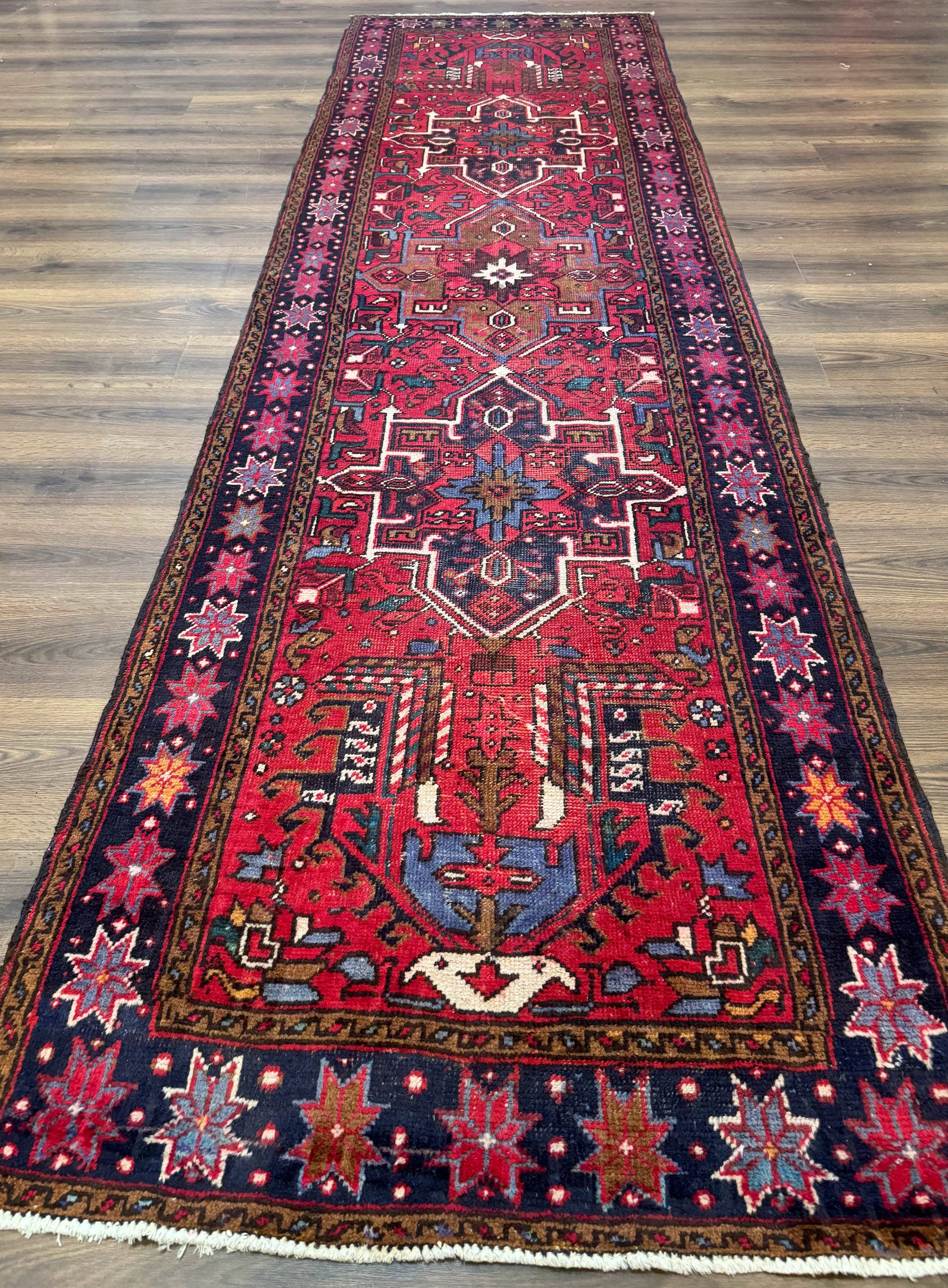 Persian Heriz Karajeh Runner Rug 3.7 x 12, Geometric Medallions, Red and Navy Blue by Jewel Rugs