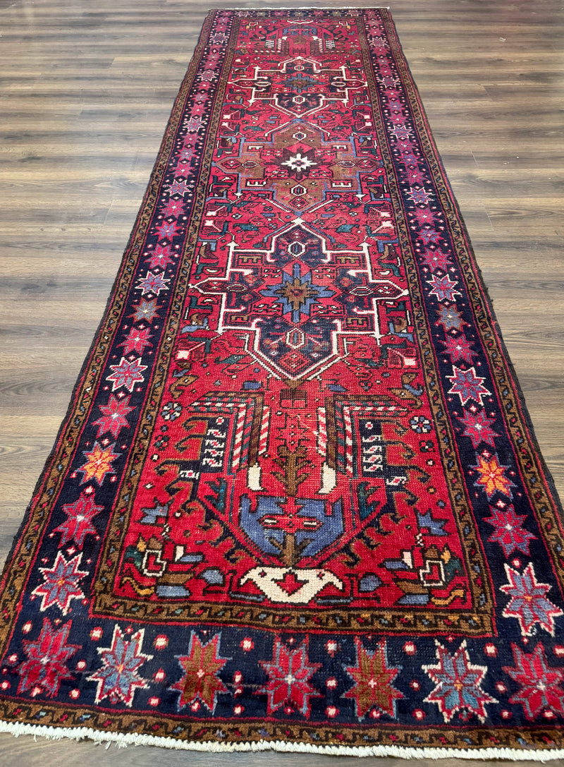 Persian Heriz Karajeh Runner Rug 3.7 x 12, Geometric Medallions, Red and Navy Blue by Jewel Rugs