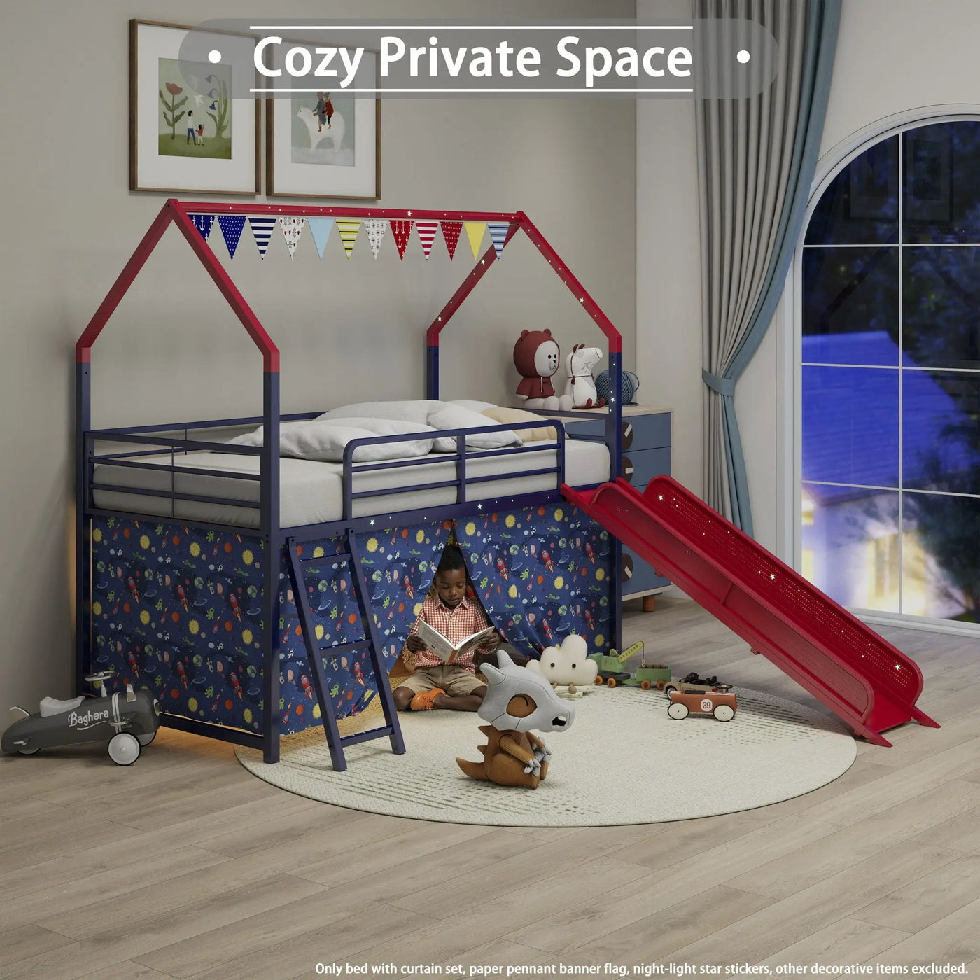 Jack - House Loft Bed With Slide And Curtain Set by HouseOfZazla