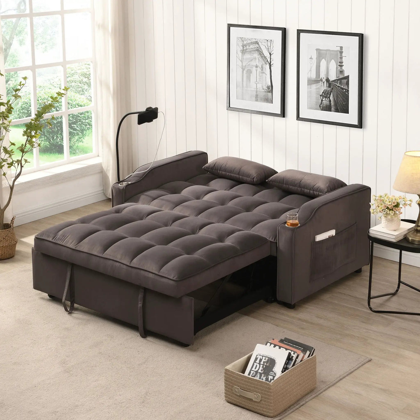 Modern Loveseat Futon Sofa With Pullout Bed, Adjustable Reclining Backrest, Toss Pillows by Unique Piece Furniture