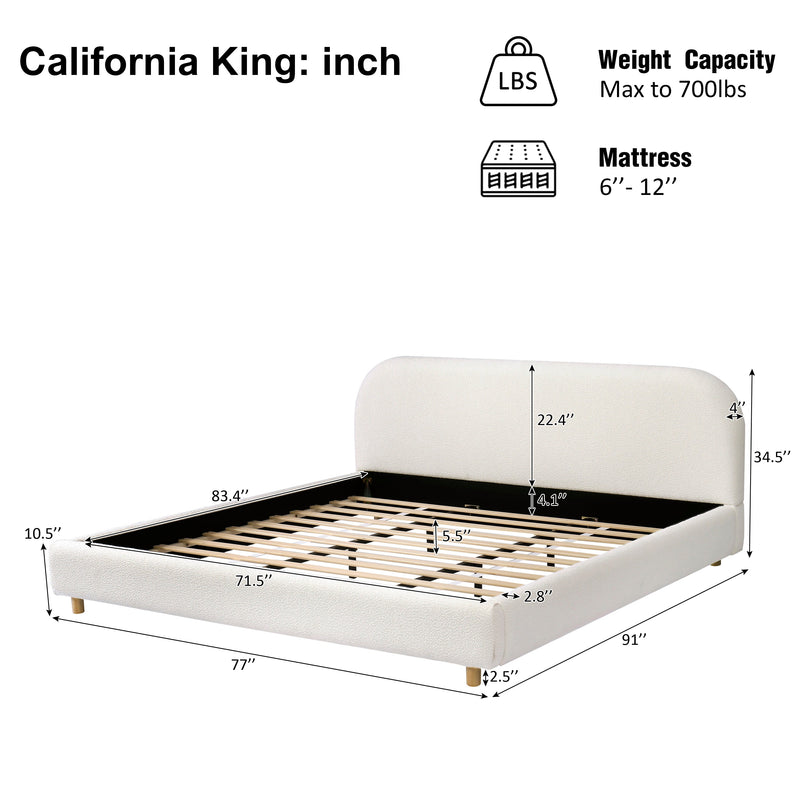 California King Size Upholstered Bed with Boucle Fabric and Curved Headboard by HouseOfZazla