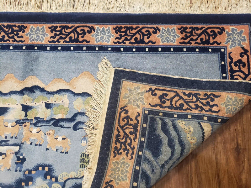 Vintage Chinese Pictorial Rug 2'4" x 4' 7", Chinese Village, Wool Hand-Knotted Blue & Teal Fine Carpet, Tapestry Rug, Woven Wall Art by Jewel Rugs