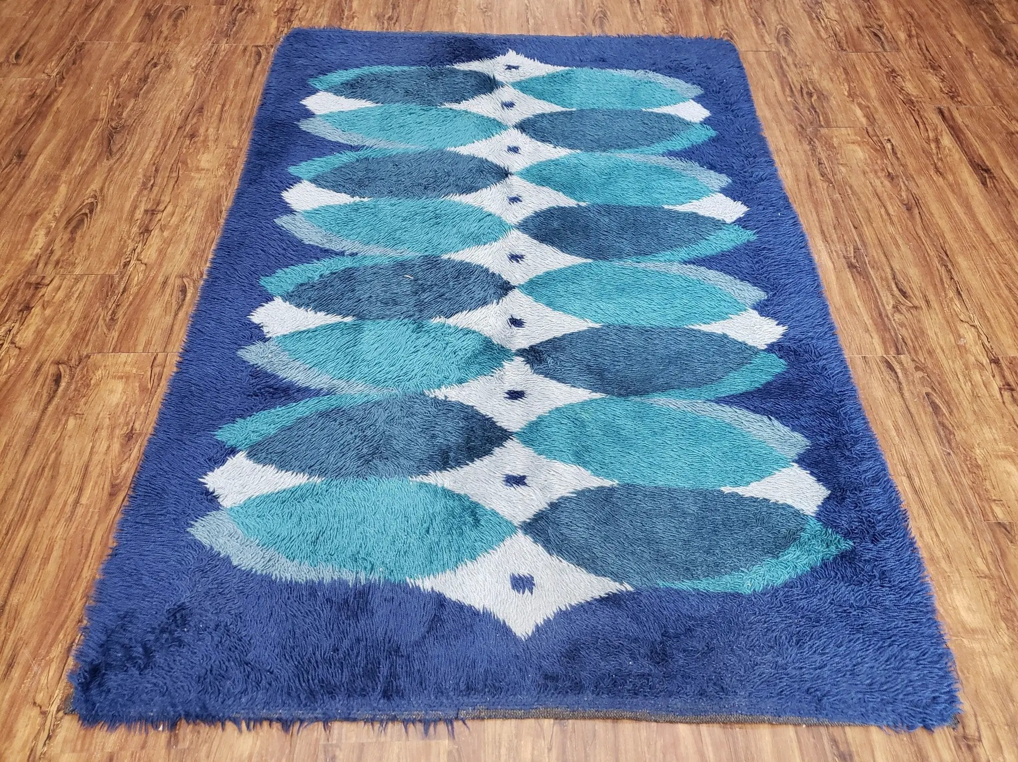 Blue Rya Rug, 1960s Mid-Century Modern Danish Shag Rug 4'6" x 6'7", Ege Rya, Abstract by Jewel Rugs