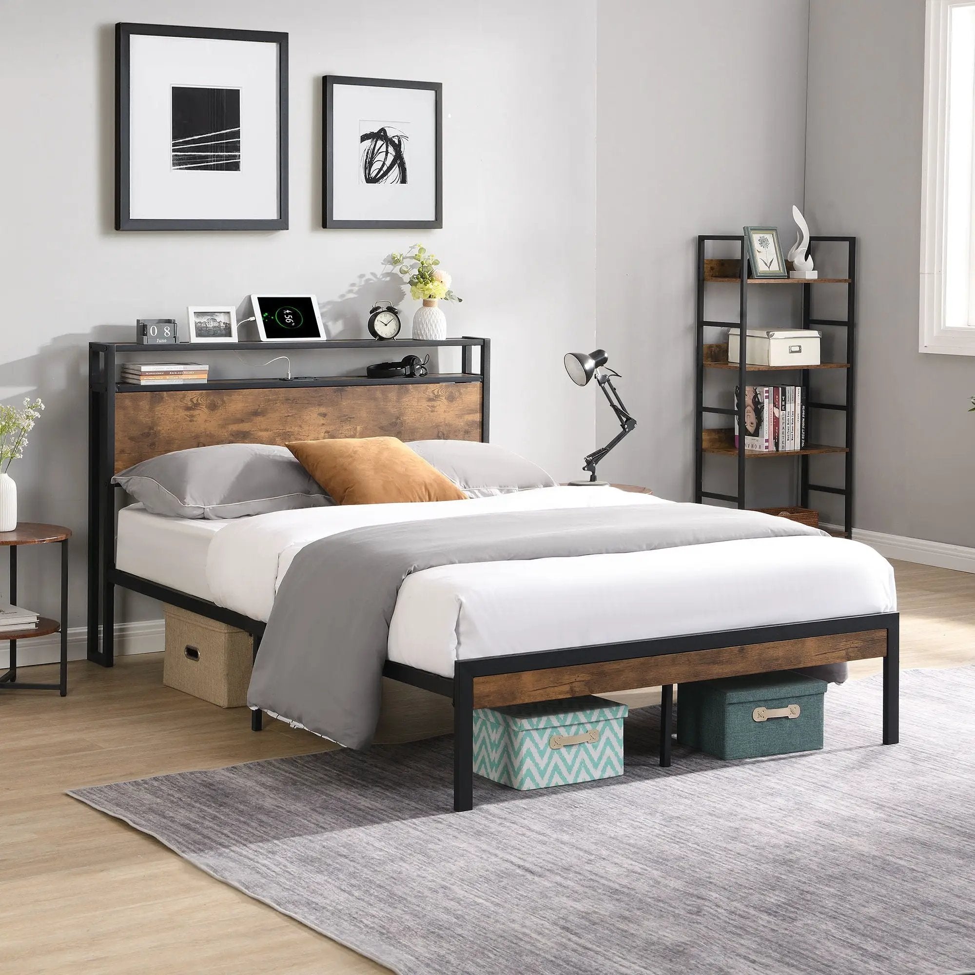 Metal Platform Bed Frame With Wooden Headboard And Footboard With USB Liner, No Box Spring Needed, Under Bed Storage by HouseOfZazla