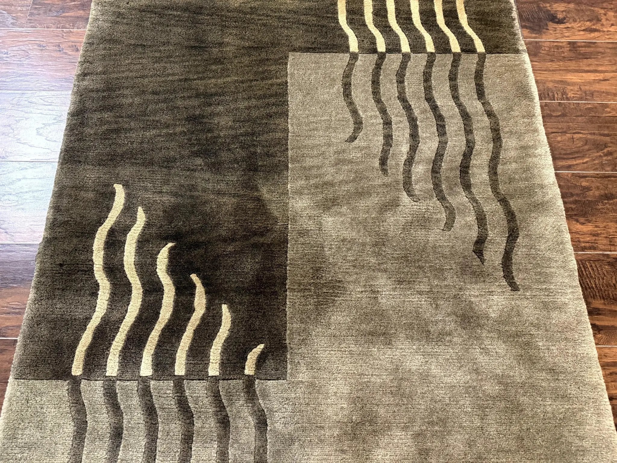 Modern Tibetan Wool Rug 3.6 x 5.6, Shades of Green, Abstract Design by Jewel Rugs