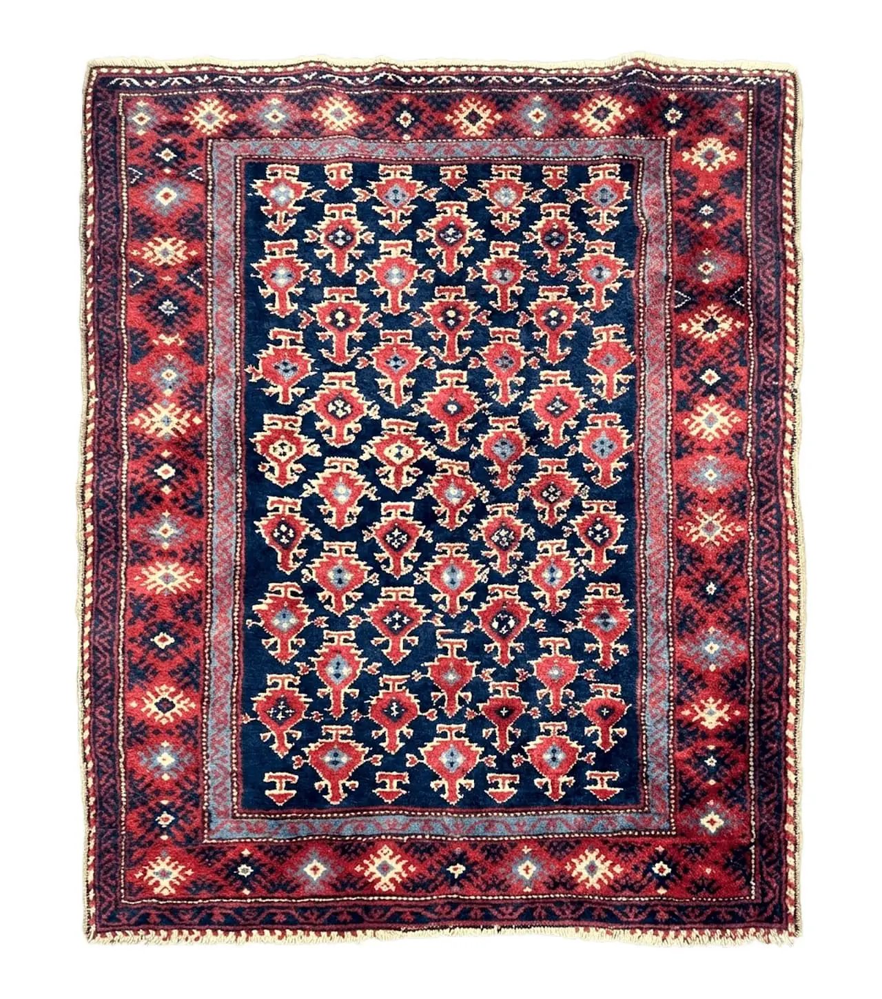 Turkish Sparta Rug 3x4, Allover Pattern, Navy Blue and Red, Antique Ispara Oriental Carpet 3 x 4, Small Turkish Handmade Vintage Wool Rug by Jewel Rugs