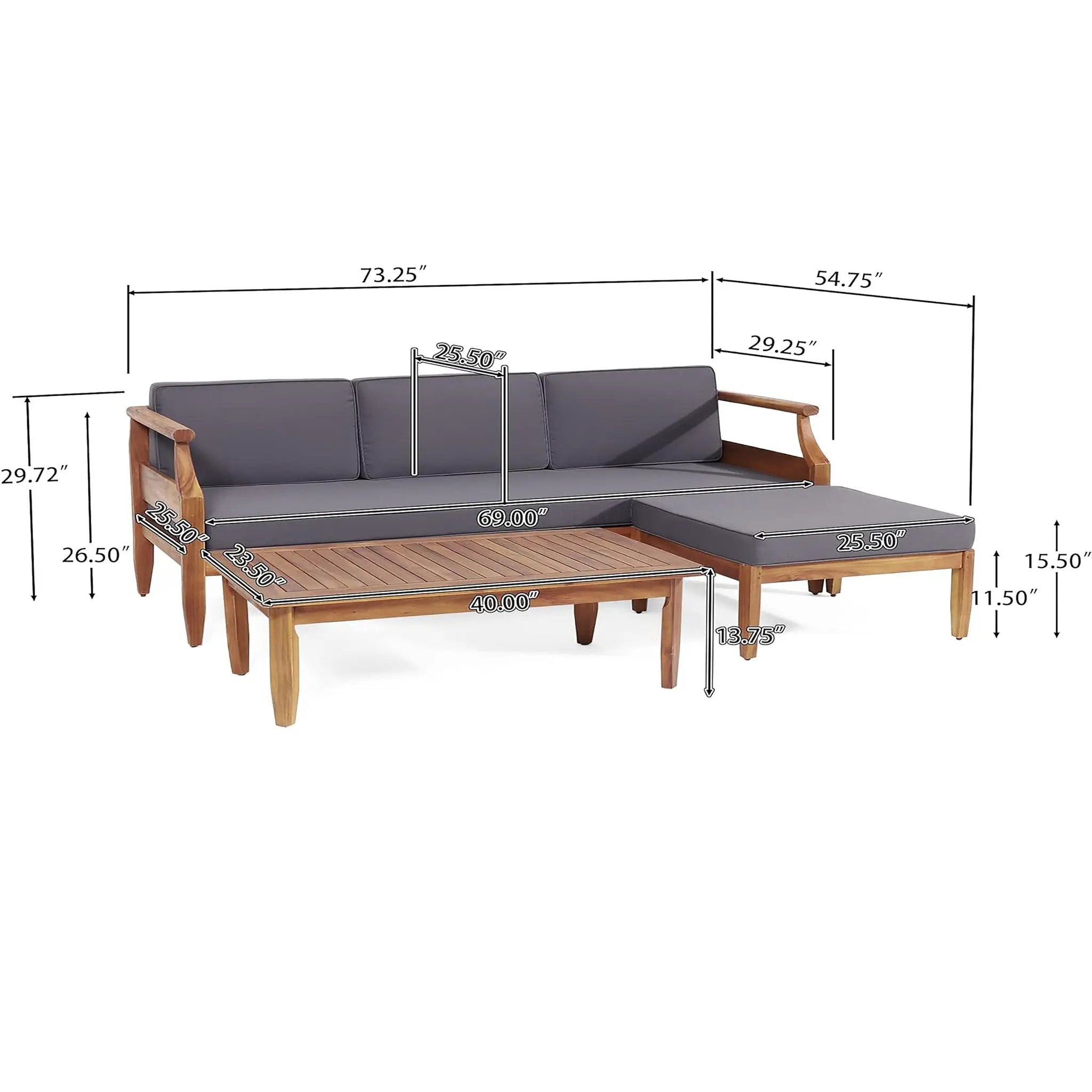 Bianca - Outdoor 3 Seater Sofa Chat Set With Ottoman - Teak by HouseOfZazla