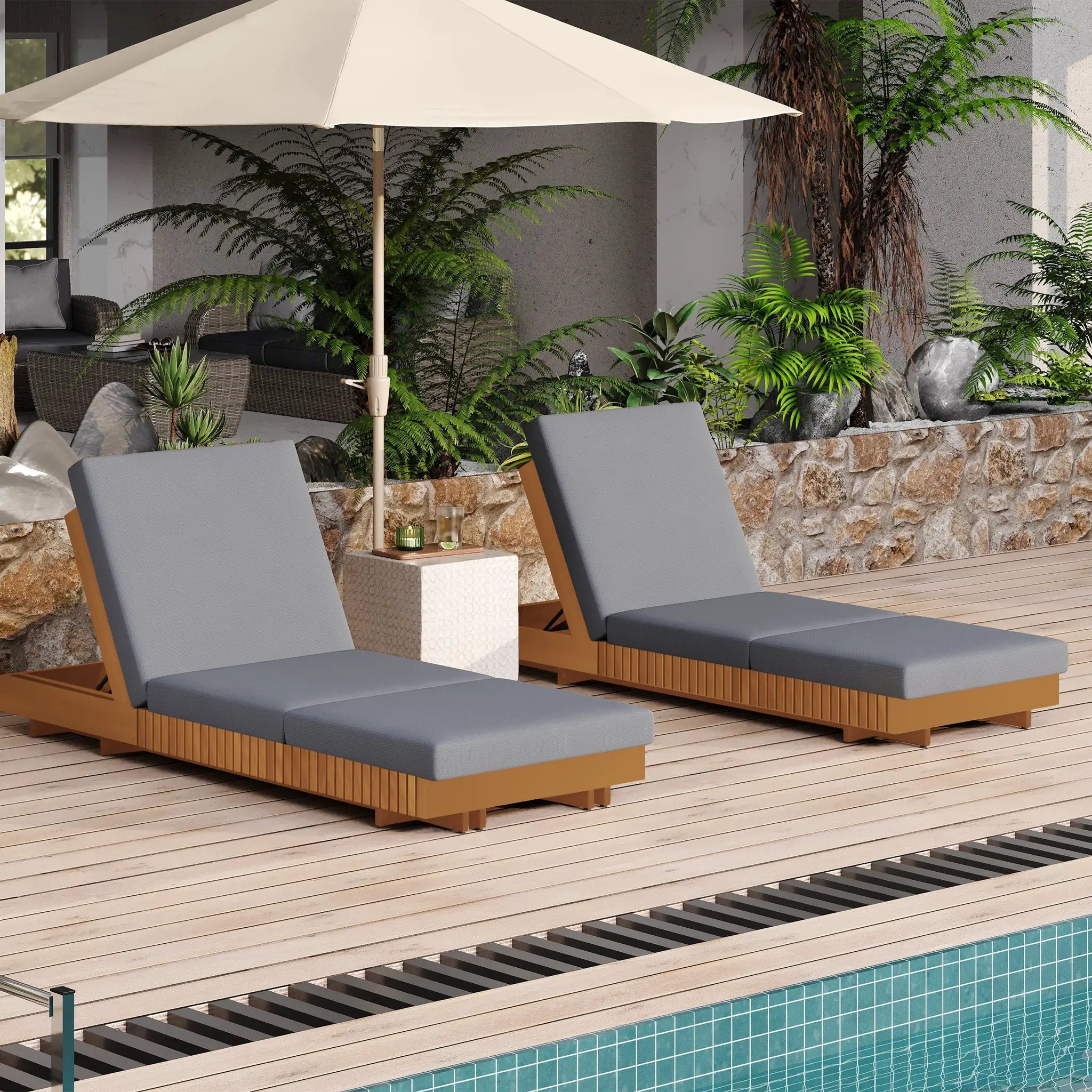 Lounge Chaise Set, Acacia Solid Wood with Lounge Cushion by HouseOfZazla