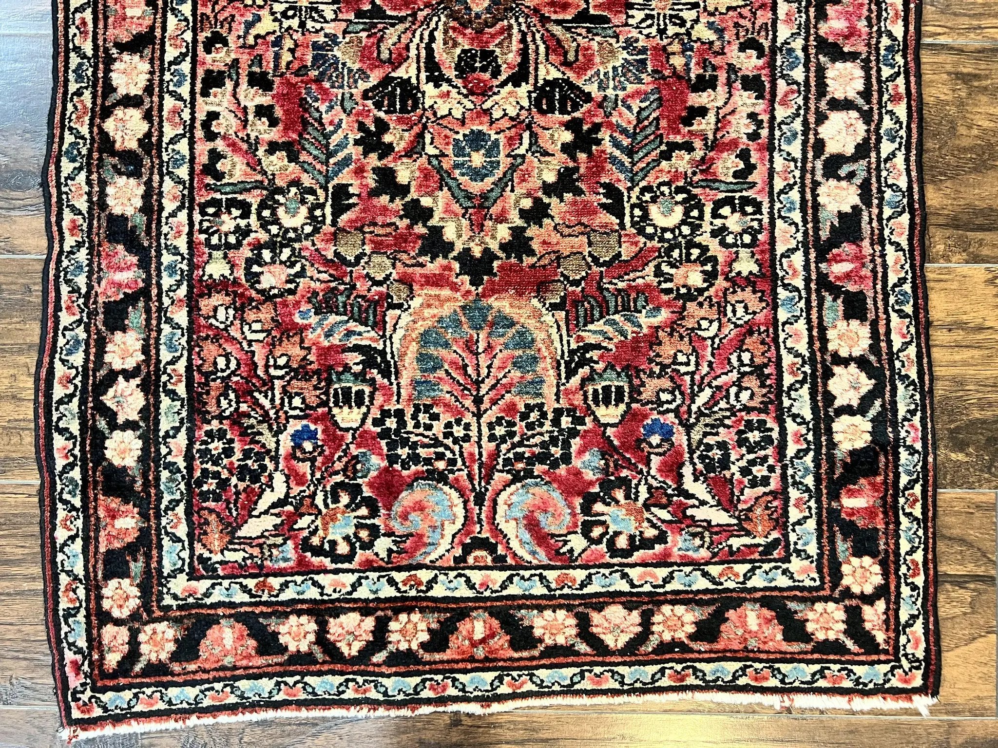 Small Antique Persian Rug 2.6 x 4, Red Floral Handmade 1920s Wool Rug, Persian Hamadan Lilian Rug by Jewel Rugs