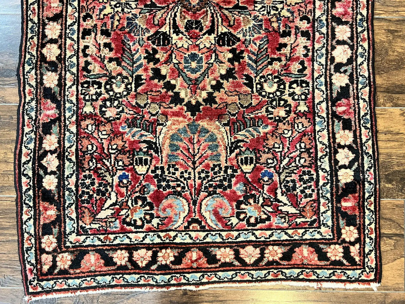 Small Antique Persian Rug 2.6 x 4, Red Floral Handmade 1920s Wool Rug, Persian Hamadan Lilian Rug by Jewel Rugs