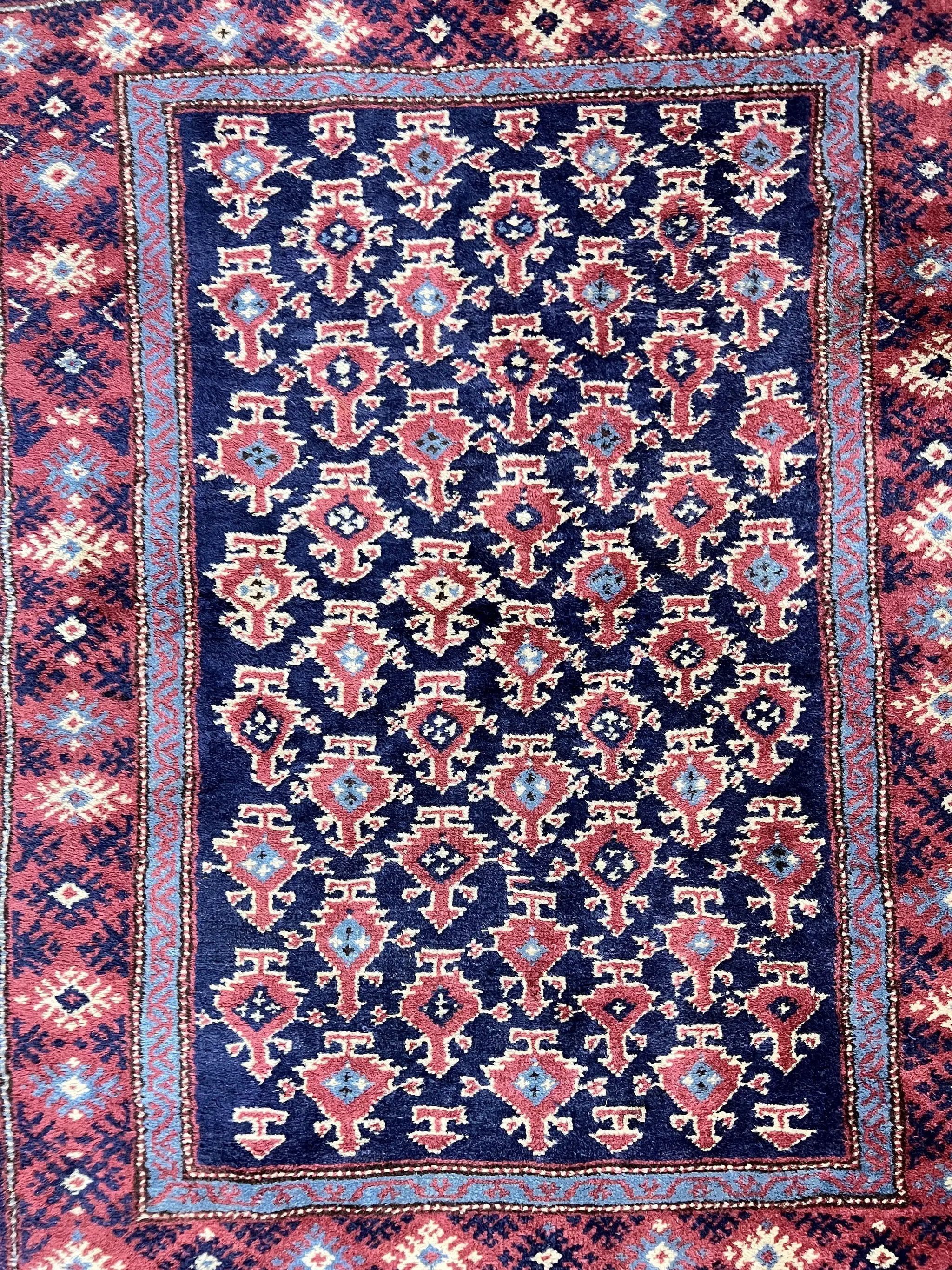 Turkish Sparta Rug 3x4, Allover Pattern, Navy Blue and Red, Antique Ispara Oriental Carpet 3 x 4, Small Turkish Handmade Vintage Wool Rug by Jewel Rugs