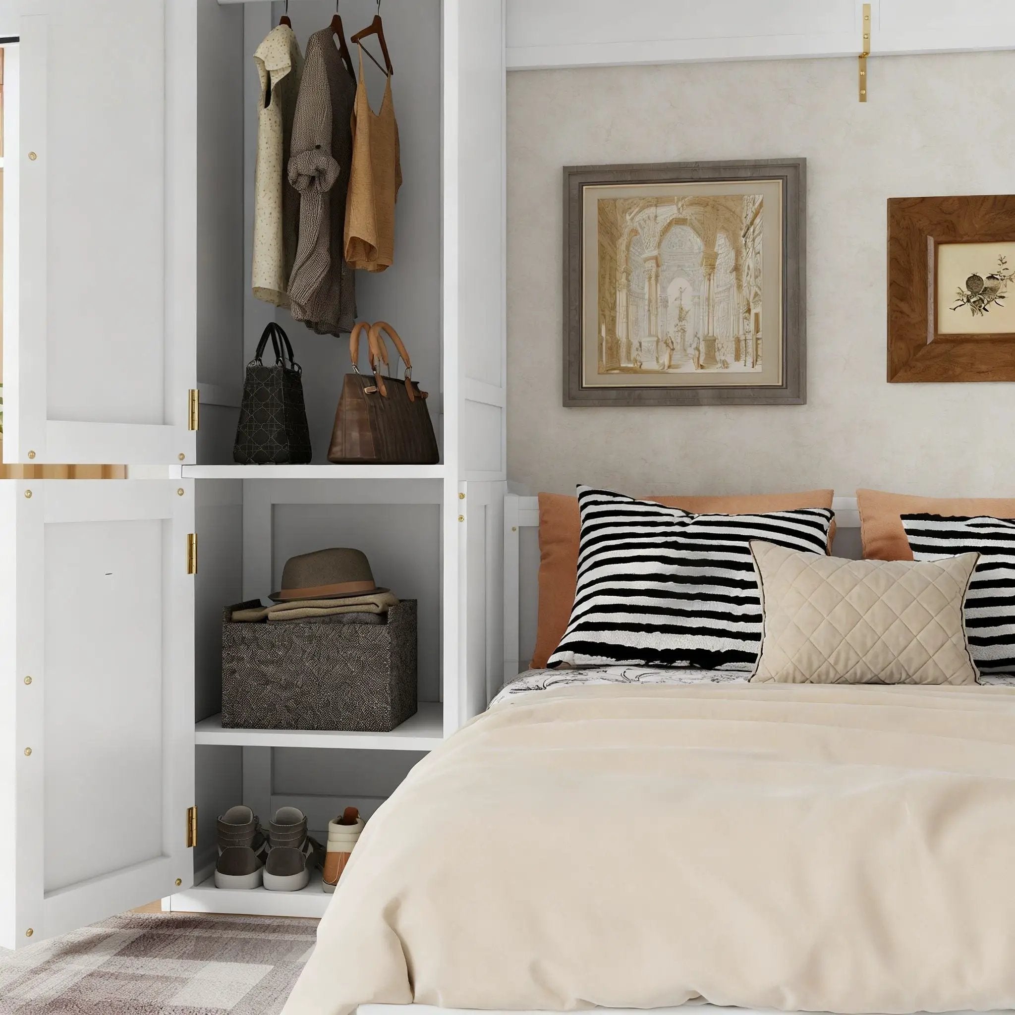 Queen Size Murphy Bed With Wardrobe, Space-Saving Hidden Wall Bed With Desk And Charging Station - White
