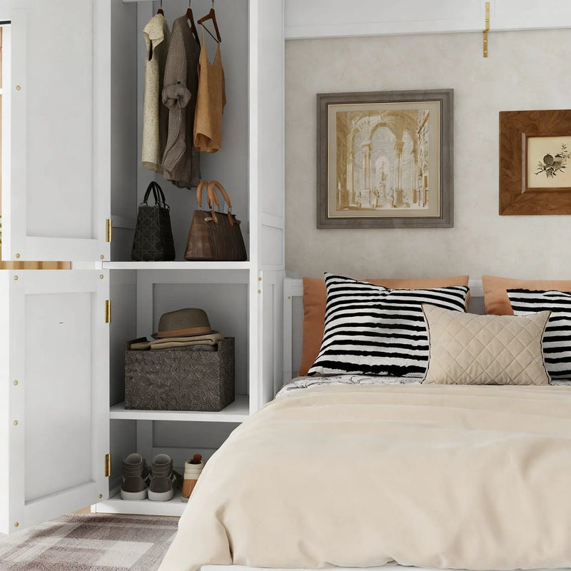 Queen Size Murphy Bed With Wardrobe, Space-Saving Hidden Wall Bed With Desk And Charging Station - White
