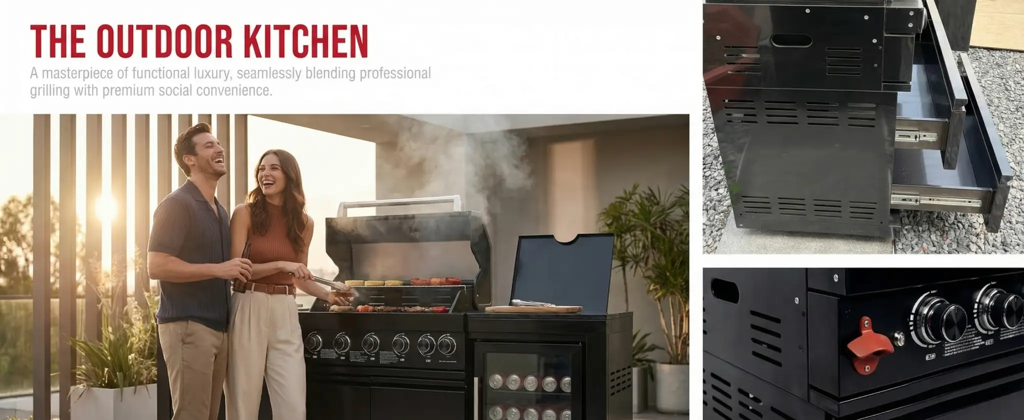 63" 6-Burner Black Outdoor Kitchen Island Grill + Fridge by Chery Industrial