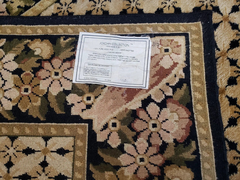 Indian Rug with Tibetan Weave, 6x8 - 6x9 Rugs, Indo-Tibetan Rug, Black and Cream Beige Tan, Floral Border, Soft Rug, Handmade Area Rug, Wool by Jewel Rugs